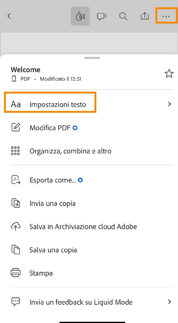 Modificare le impostazioni di testo in modalità Liquid Mode nell’app Acrobat per iOS