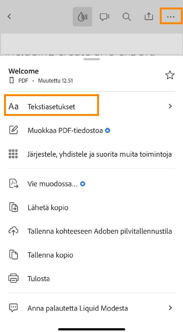 Tekstiasetusten muuttaminen Liquid-tilassa Acrobat iOS -sovelluksessa
