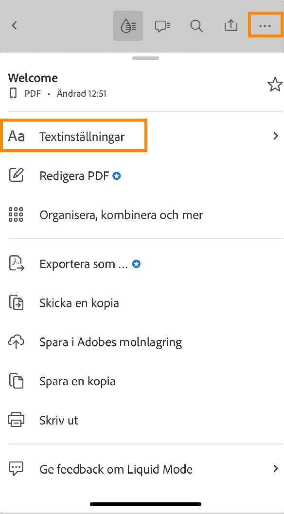 Ändra textinställningar i Liquid-läge på programmet Acrobat iOS