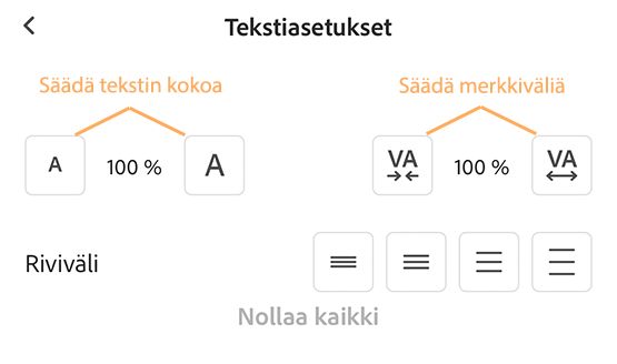 Liquid-tilan tekstiasetusten muuttaminen Acrobat iOS:ssä