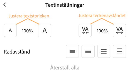 Ändra textinställningar i Liquid-läget i Acrobat iOS