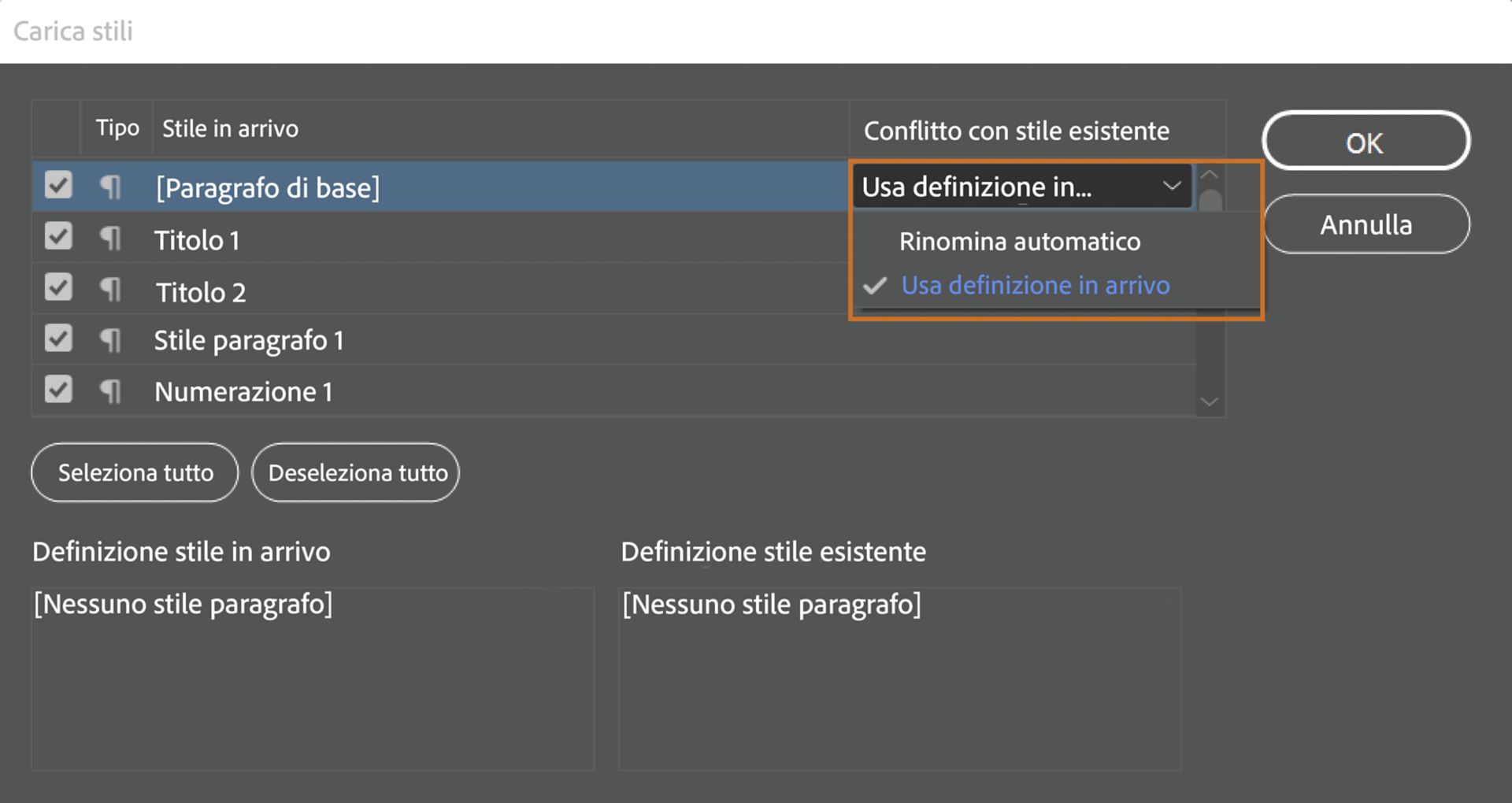 Finestra di dialogo Carica stili