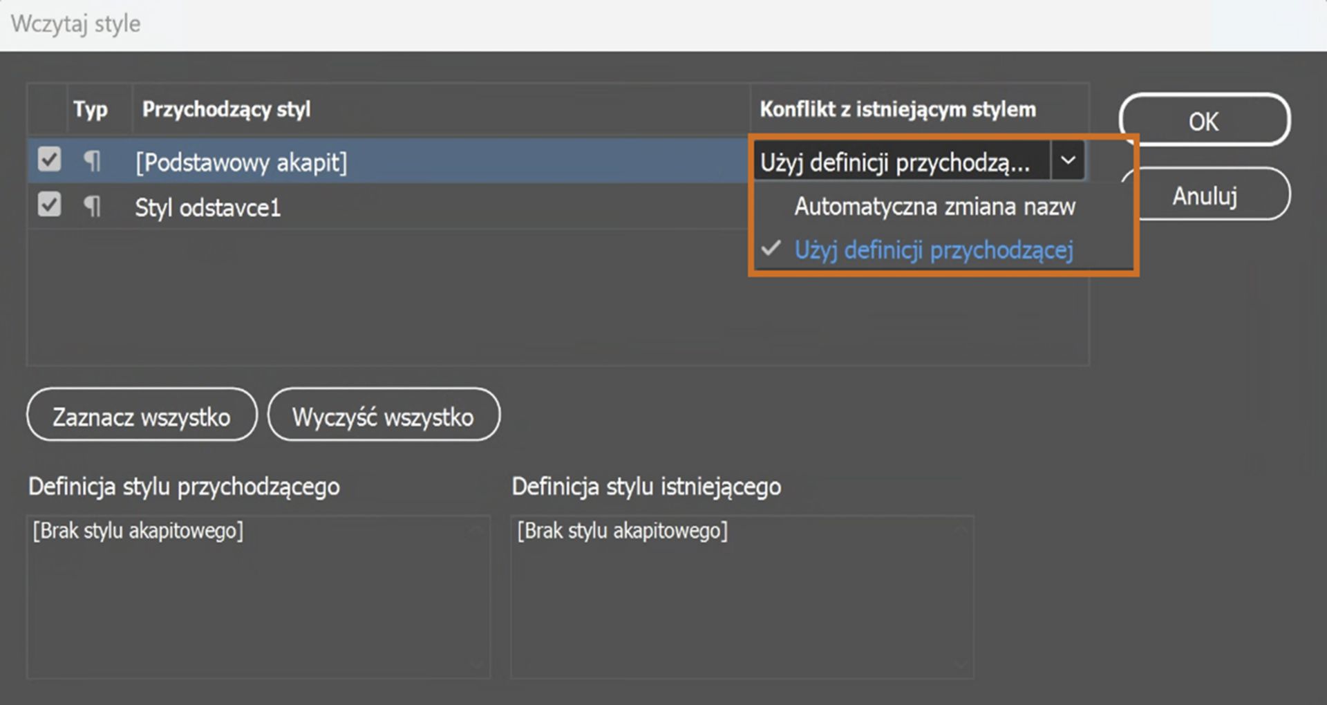 Okno dialogowe wczytywania stylów