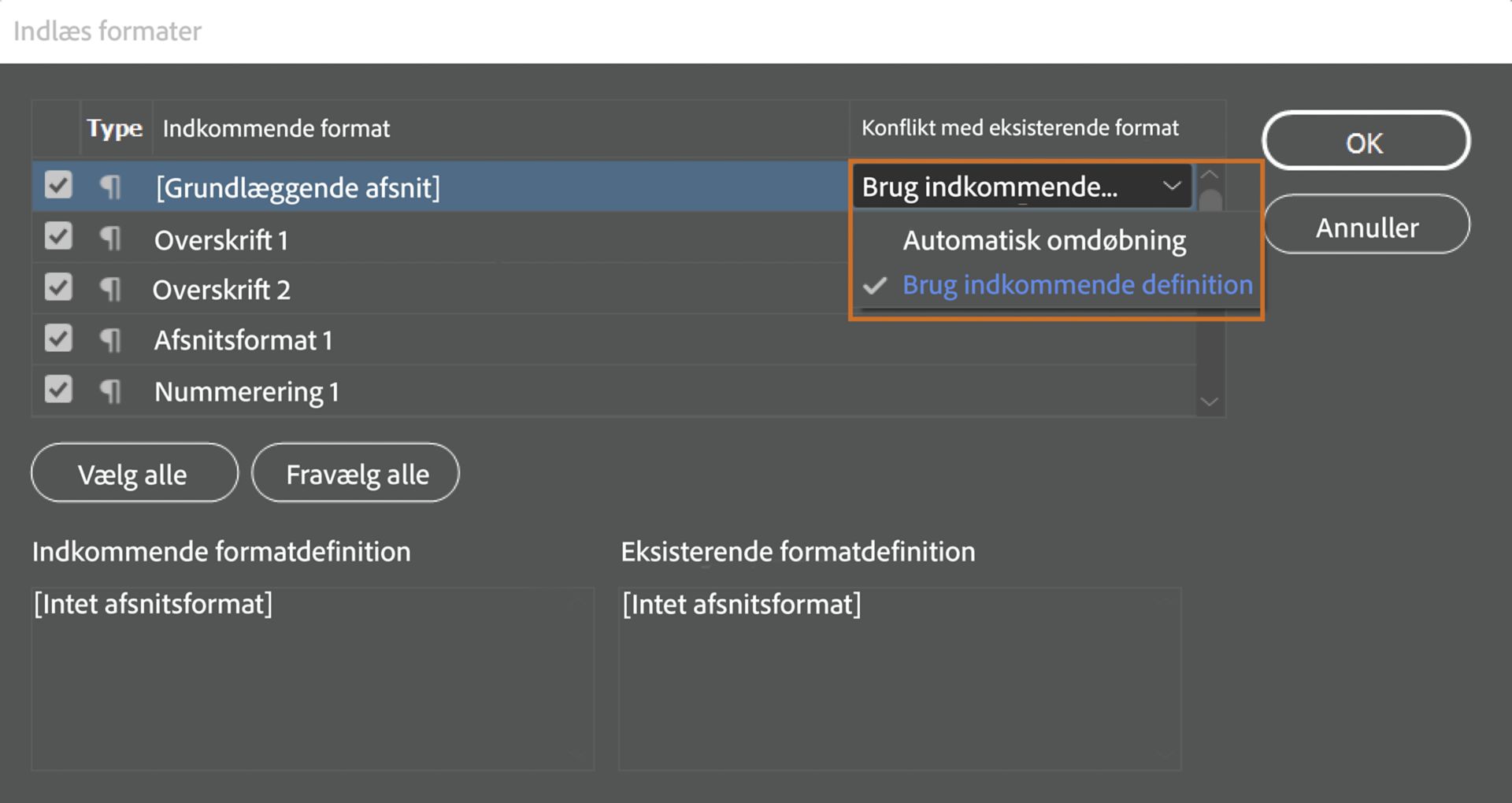 Dialogboksen Indlæs typer