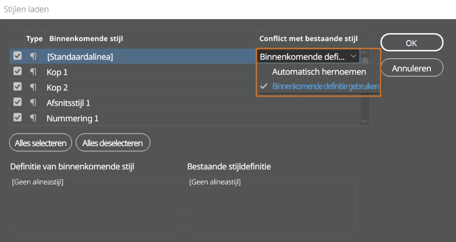 Dialoogvenster Stijlen laden