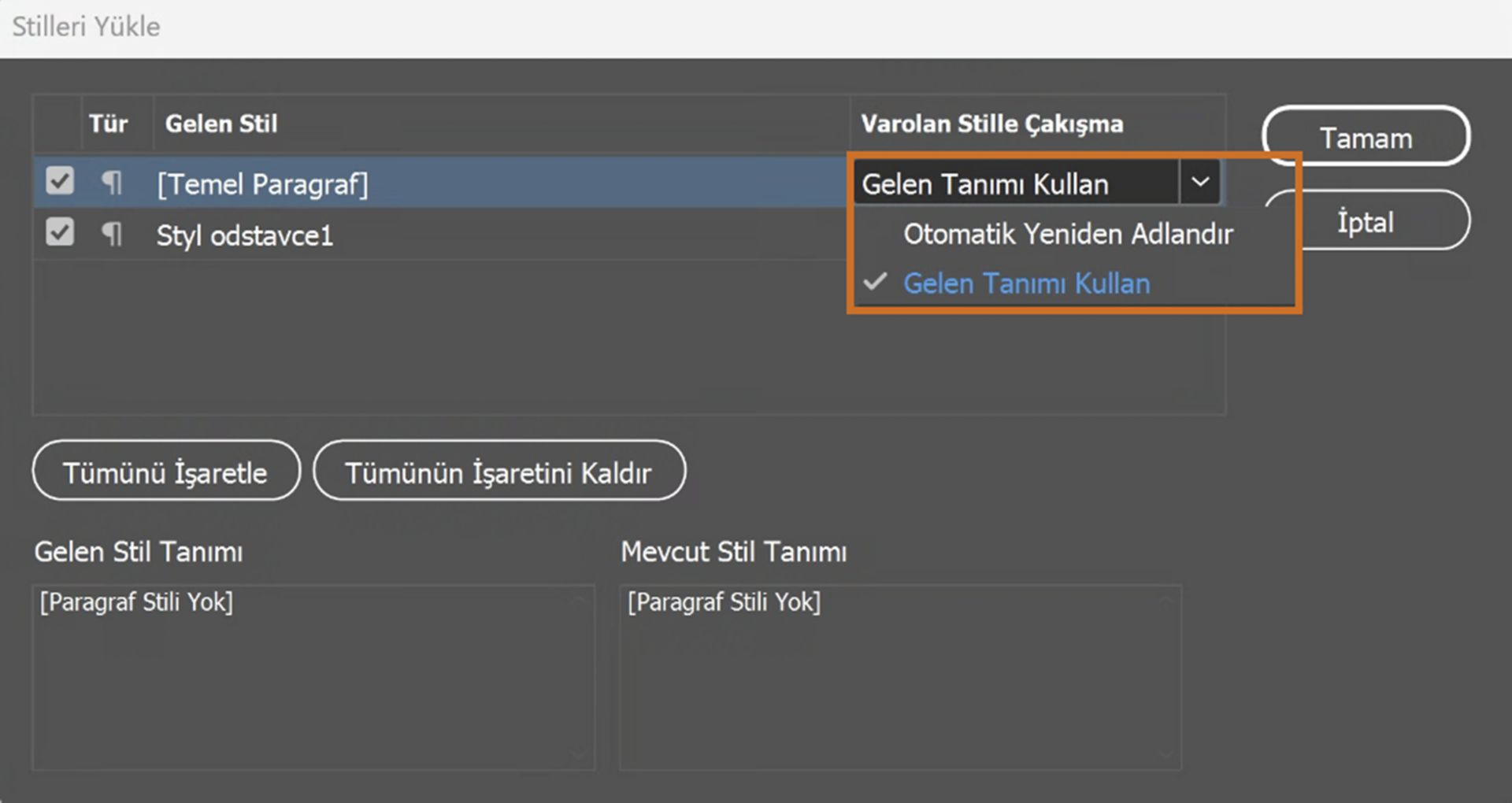 Stilleri yükle iletişim kutusu