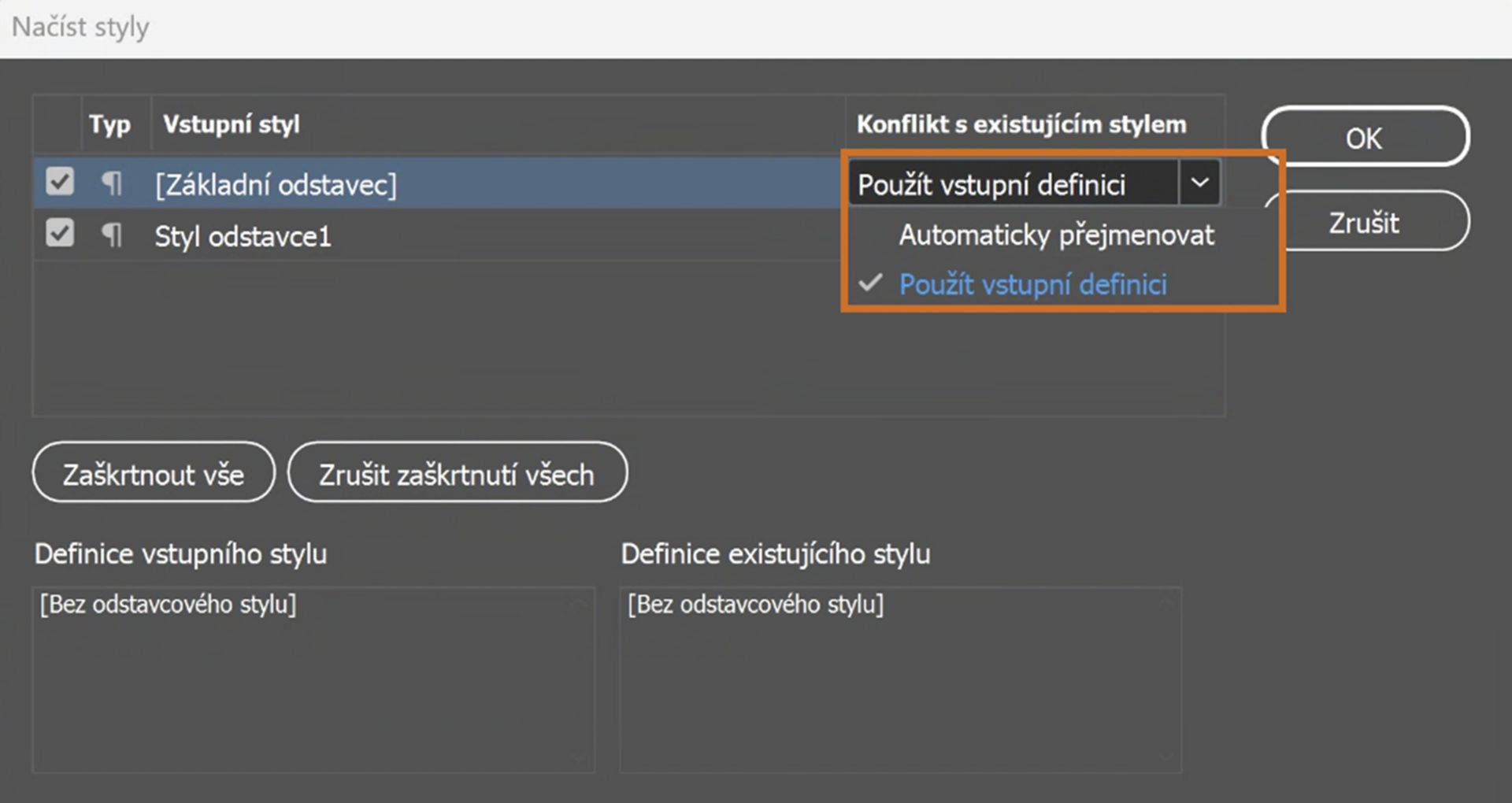 Dialog Načtení stylů