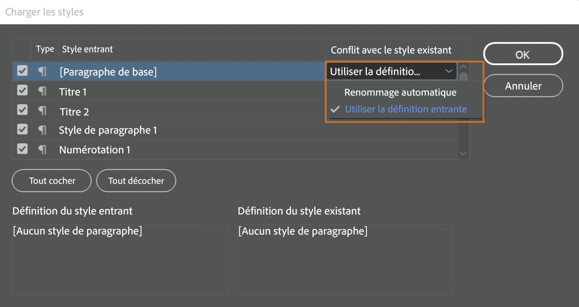 Boîte de dialogue Charger des styles
