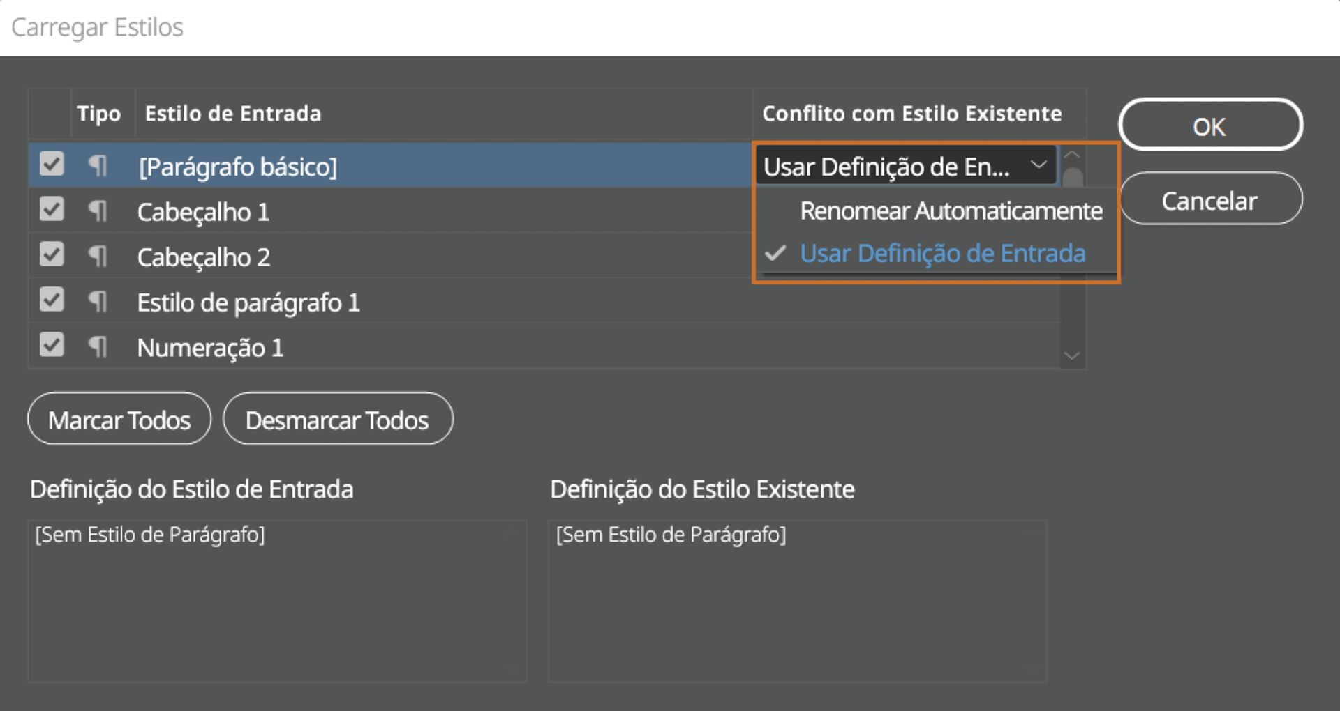 Caixa de diálogo Carregar estilos