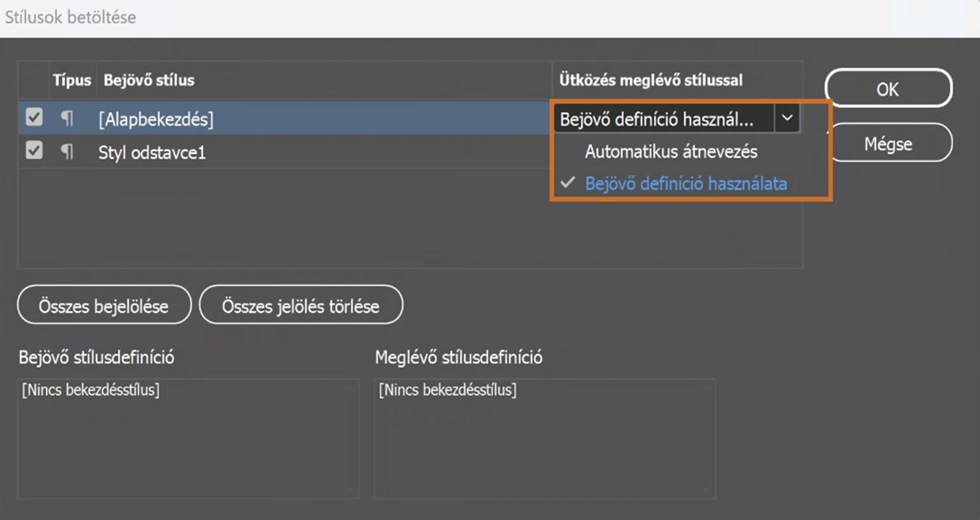 Stílusok betöltése párbeszédpanel