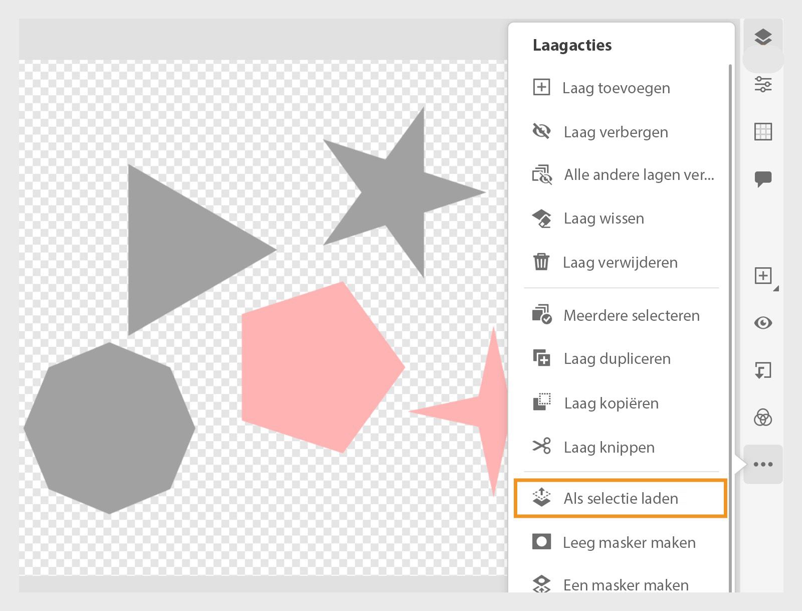 Een canvas met verschillende vormen en het paneel Laag-acties met de optie Laden als selectie gemarkeerd.