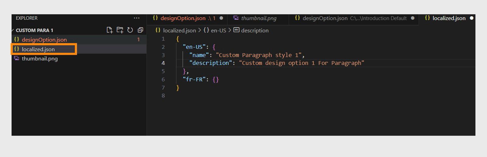 이것은 디자인 옵션의 현지화된 JSON 파일 이미지입니다.