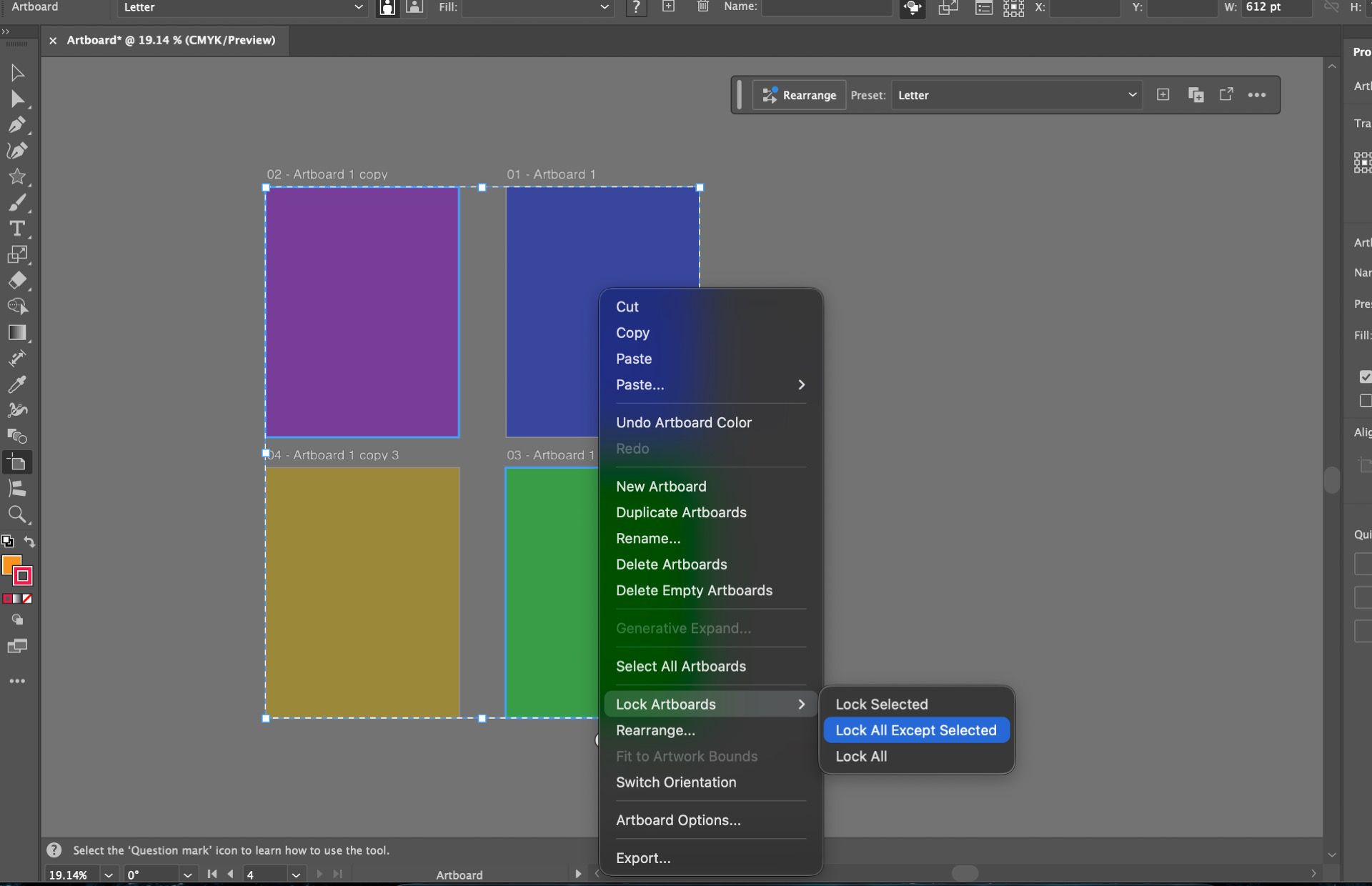 قائمة سياق اللوحة الفنية في Illustrator تعرض خيارات قفل اللوحة الفنية للوحات الفنية المحددة والمتعددة.
