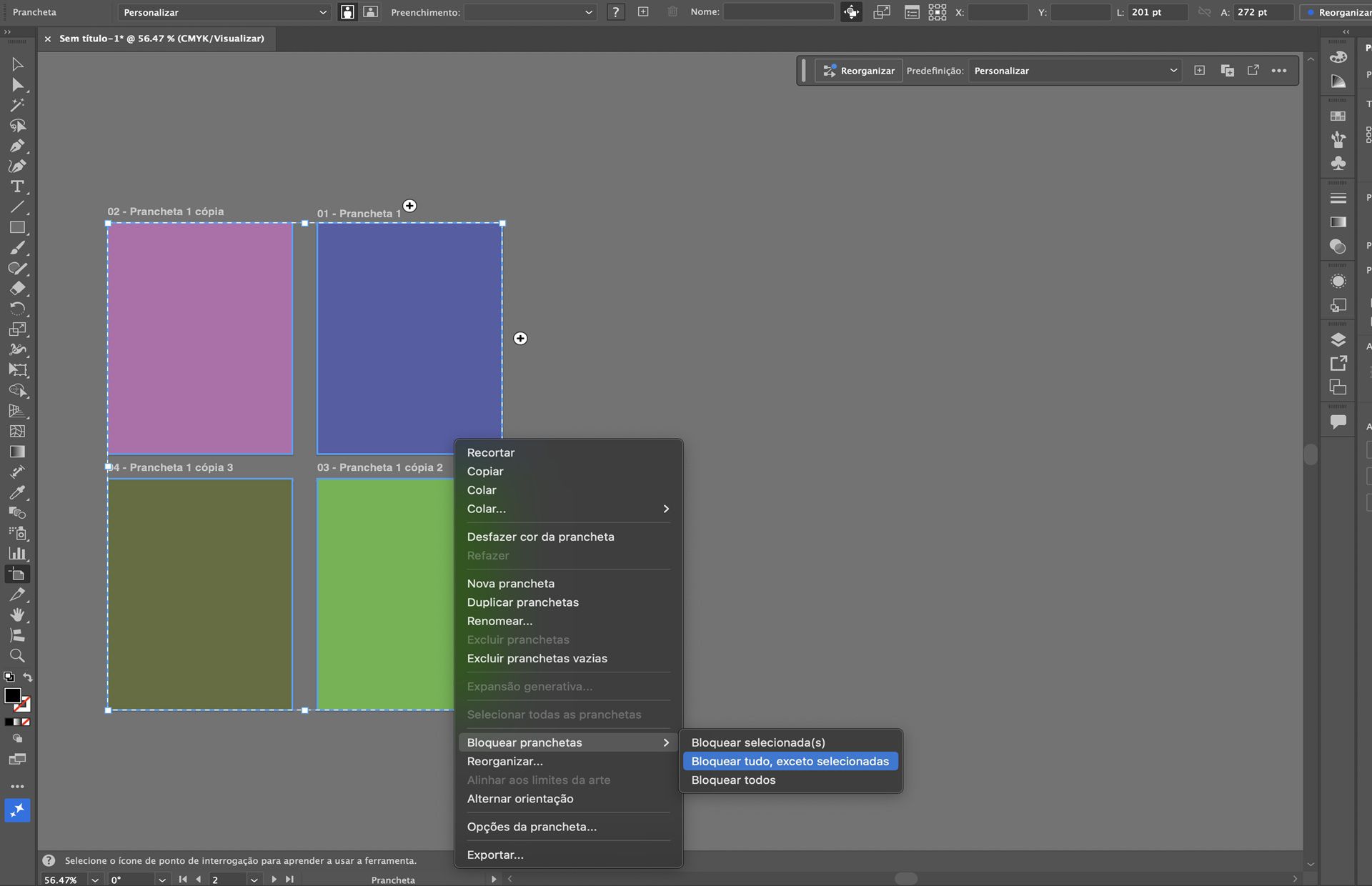 Menu de contexto da prancheta no Illustrator mostrando opções de bloqueio de prancheta para pranchetas selecionadas e múltiplas.