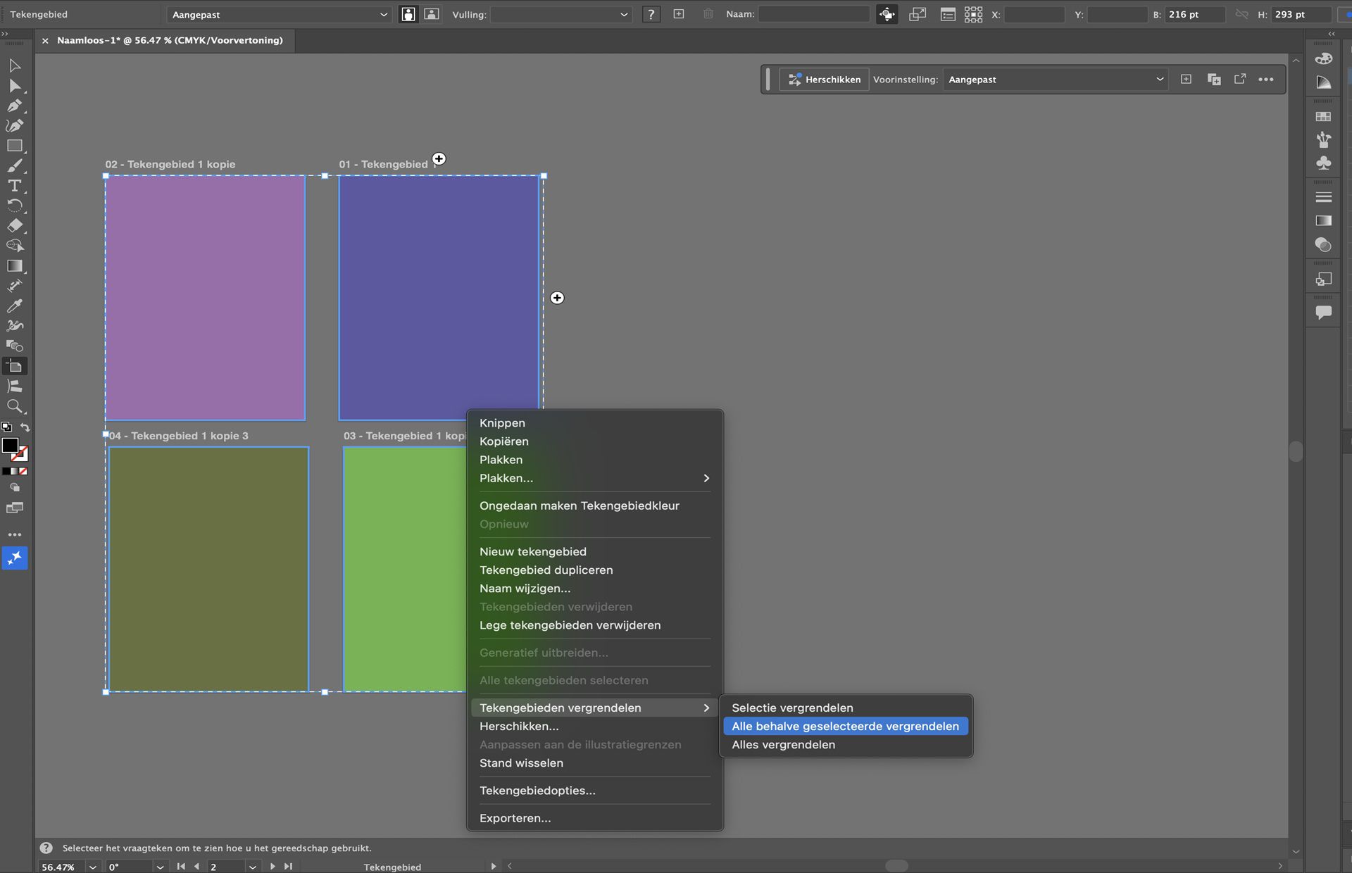 Contextmenu van het tekengebied in Illustrator met vergrendelingsopties voor geselecteerde en meerdere tekengebieden.