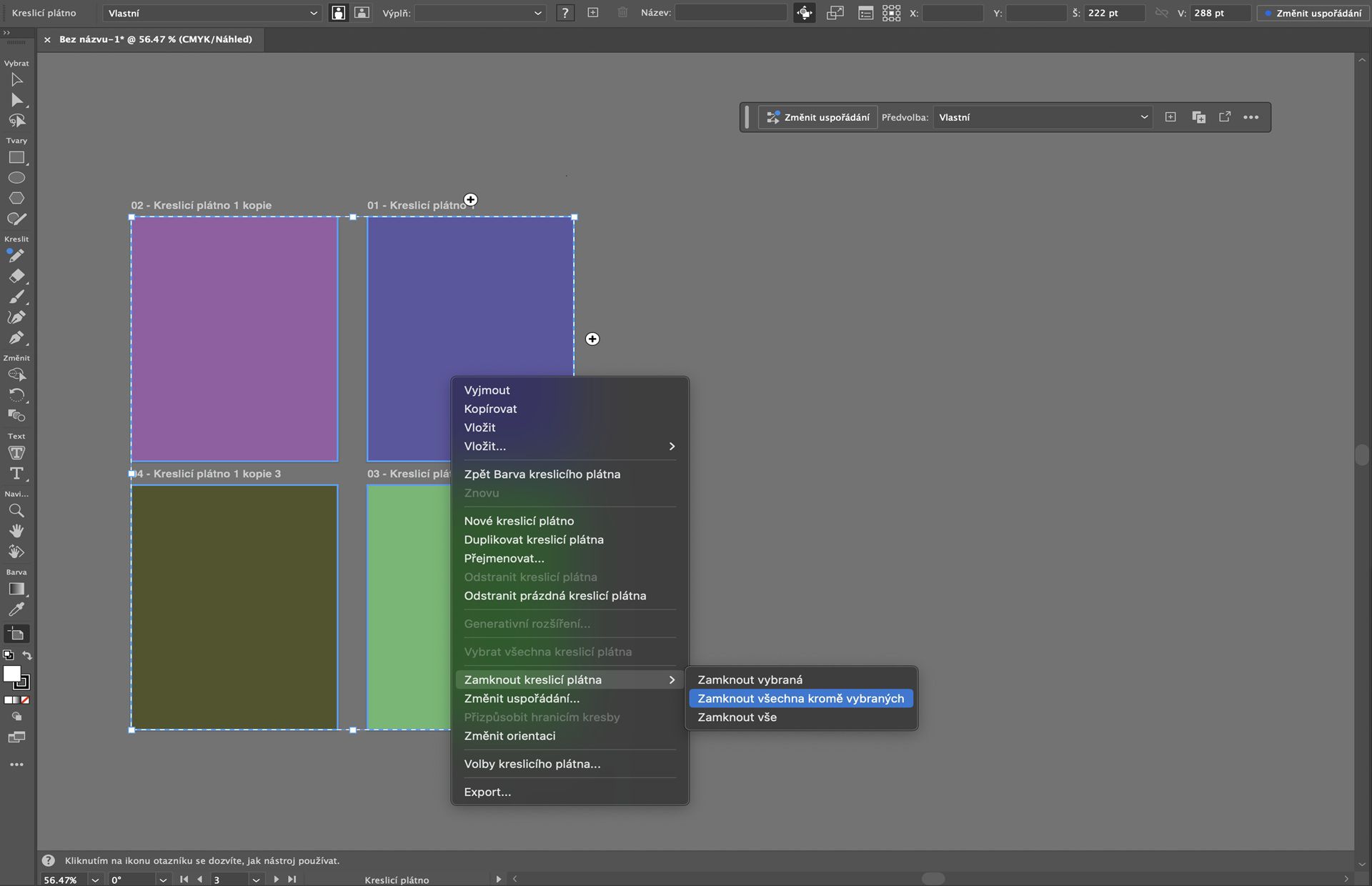 Kontextová nabídka kreslicího plátna v aplikaci Illustrator zobrazující možnosti zamknutí kreslicího plátna pro vybraná plátna a více kreslicích pláten.