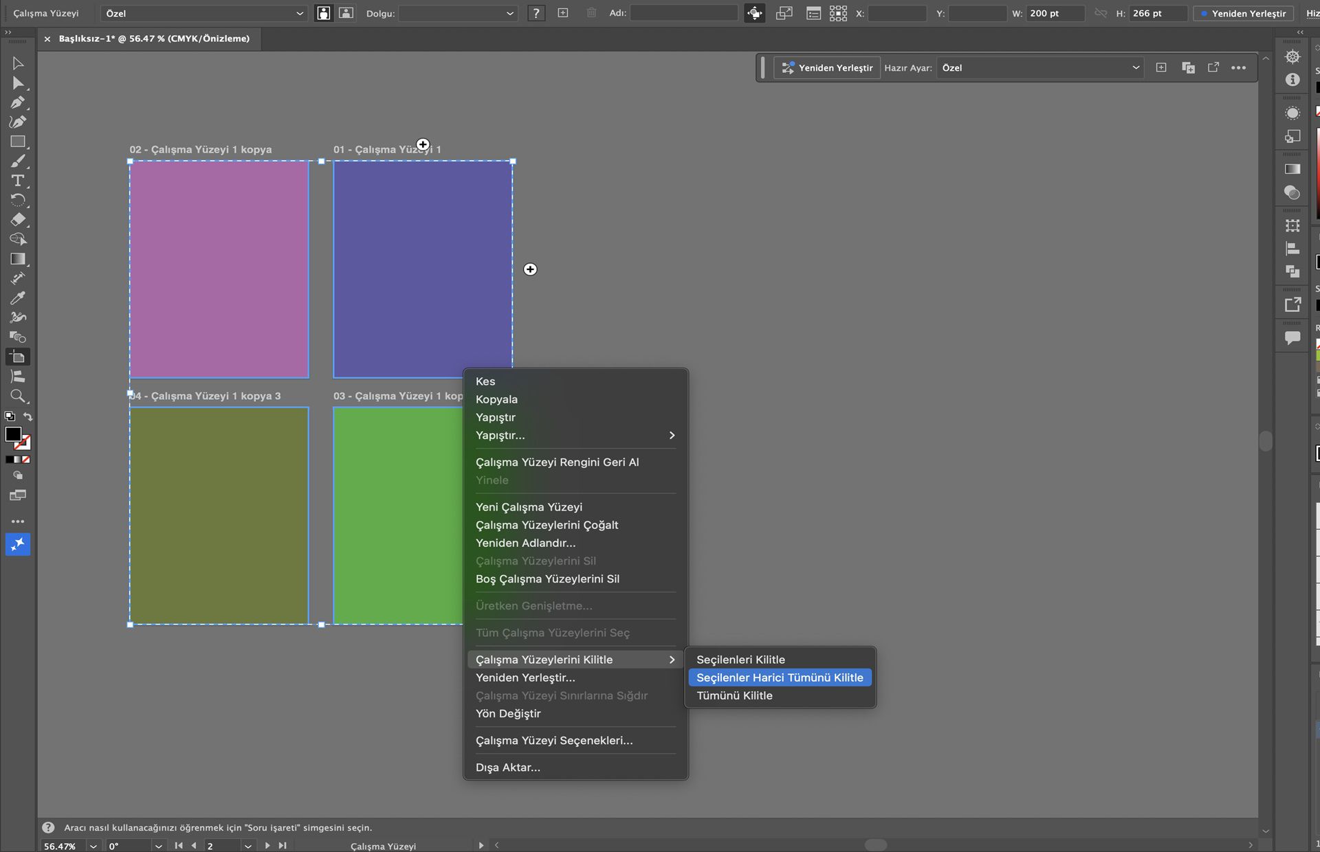 Illustrator'da, seçili ve birden çok çalışma yüzeyi için kilit çalışma yüzeyi seçeneklerini gösteren çalışma yüzeyi bağlam menüsü.