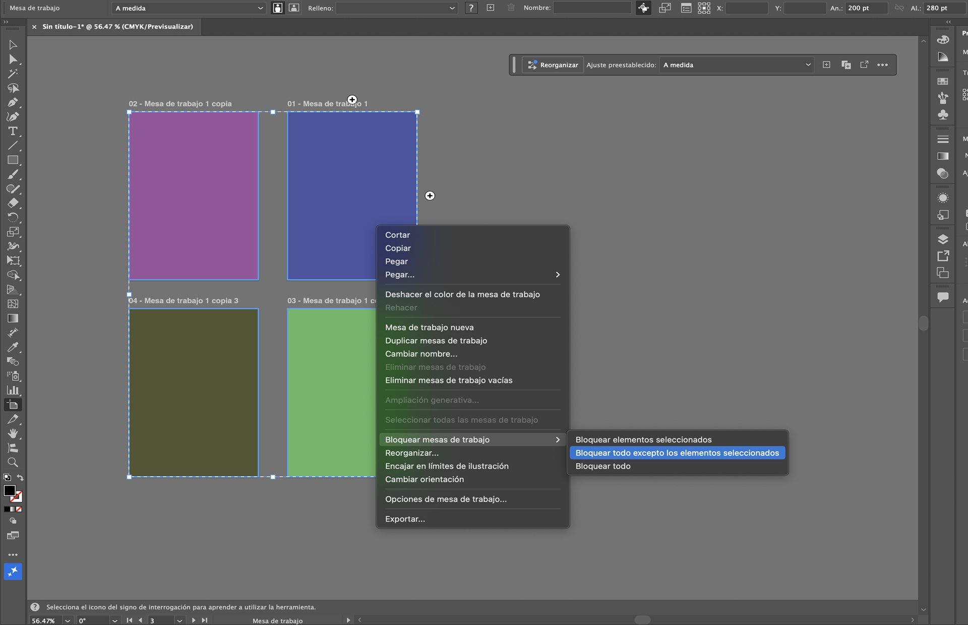 Menú contextual de mesa de trabajo en Illustrator que muestra las opciones de bloqueo de la mesa de trabajo seleccionada y varias.