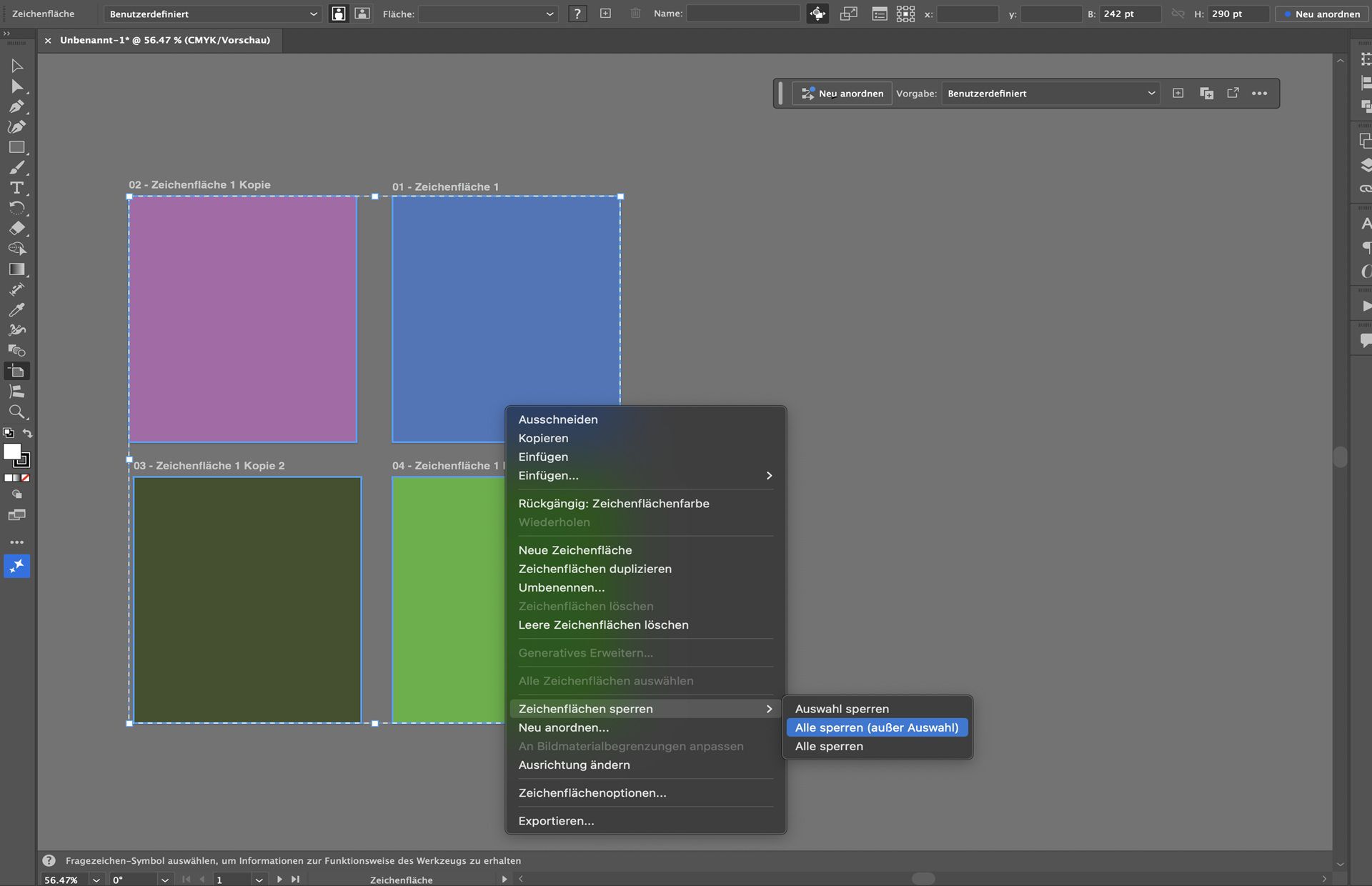 Zeichenflächen-Kontextmenü in Illustrator mit Sperroptionen für ausgewählte und mehrere Zeichenflächen.