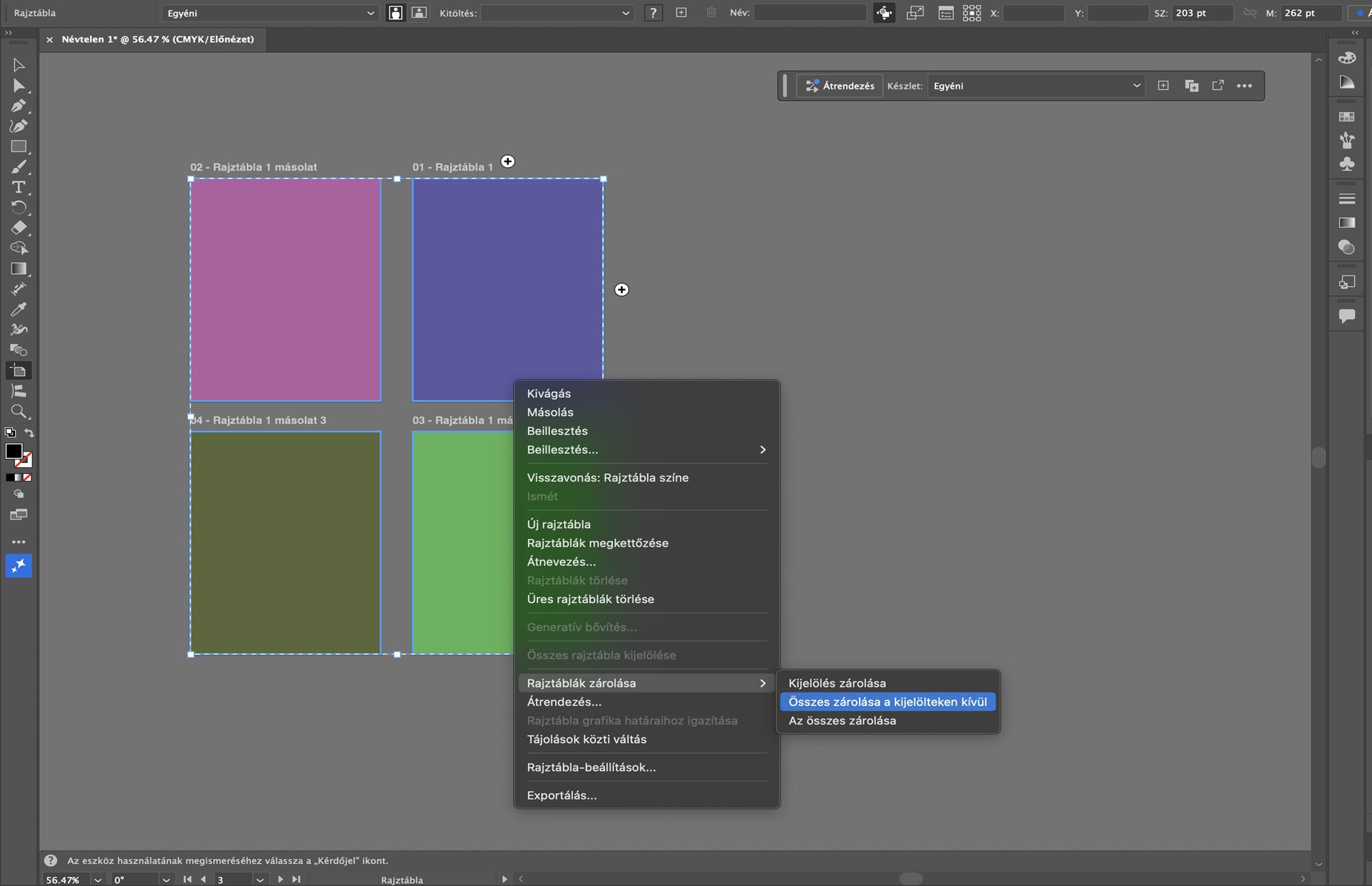 Rajztábla helyi menüje az Illustratorban, amely a kijelölt, illetve több rajztábla rajztábla-zárolási opcióit mutatja.