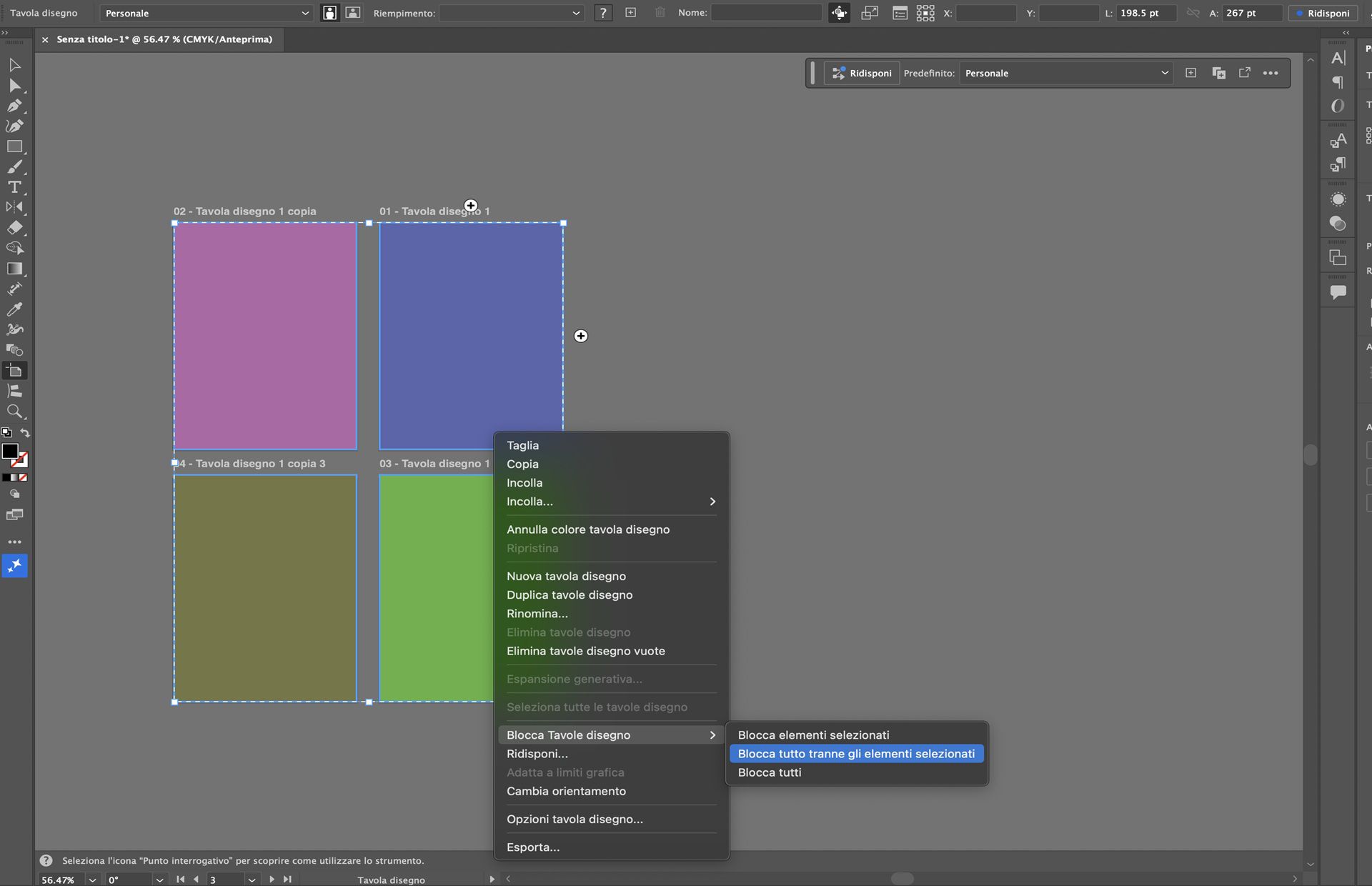 Menu contestuale della tavola disegno in Illustrator che mostra le opzioni di blocco per tavole disegno selezionate e multiple.