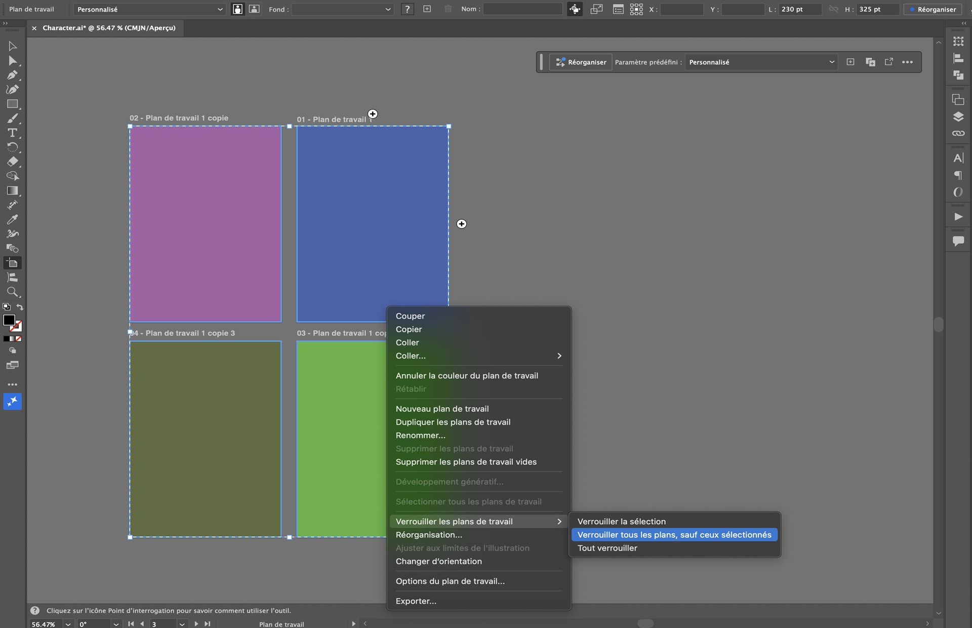 Menu contextuel du plan de travail dans Illustrator affichant les options de verrouillage pour les plans de travail sélectionnés et pour plusieurs plans de travail.