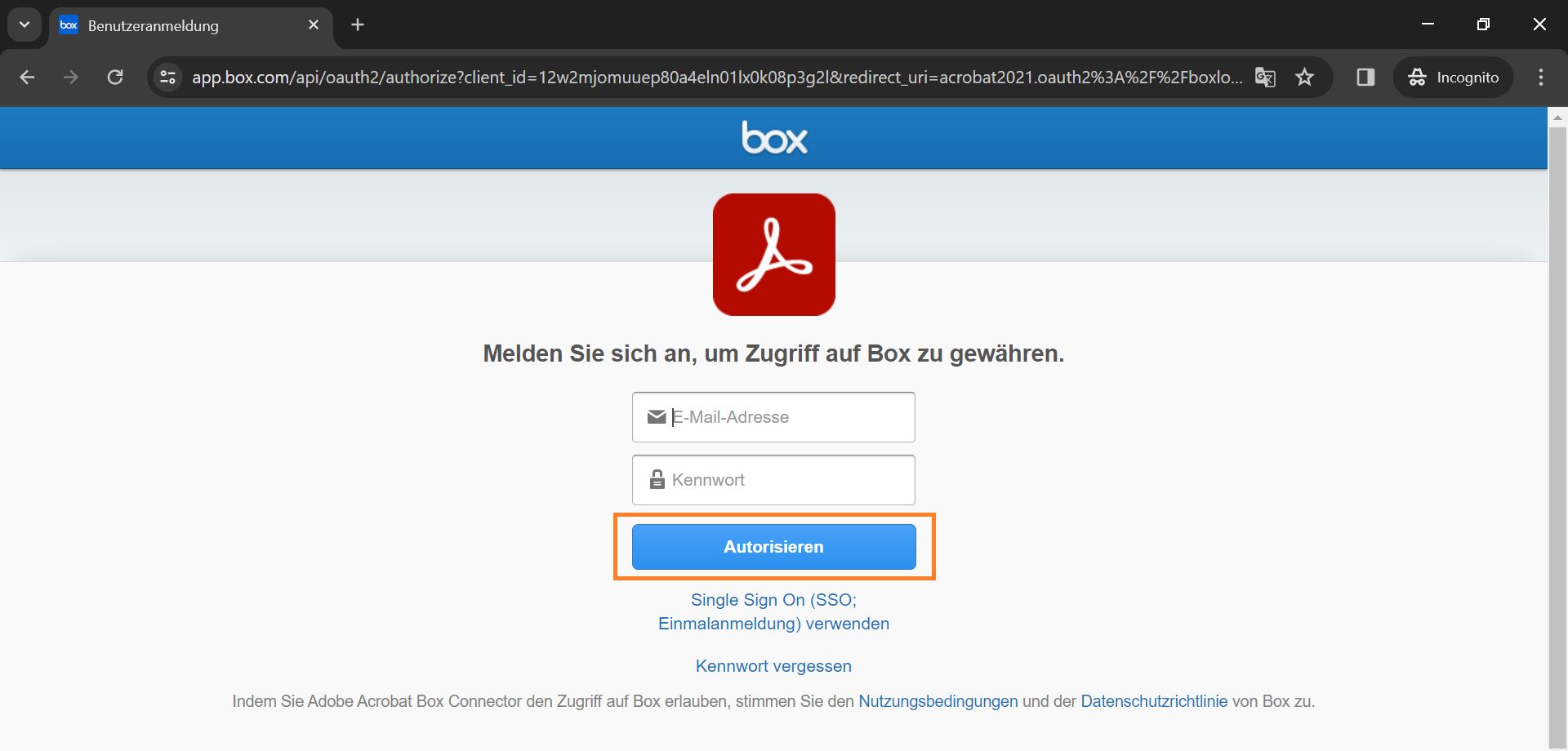 Anmeldung bei Box