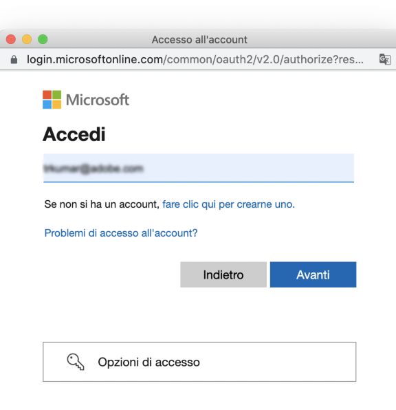 Finestra di dialogo per l’accesso a OneDrive