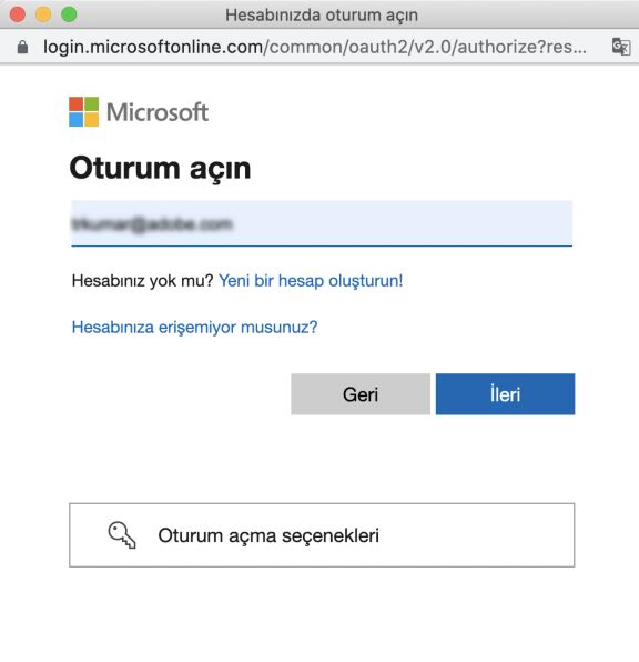 OneDrive oturum aç iletişim kutusu