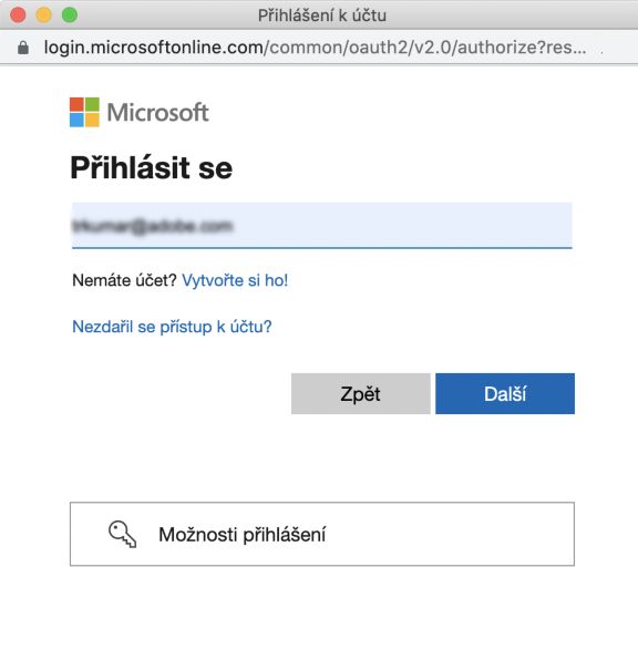 Přihlašovací dialogové okno OneDrive