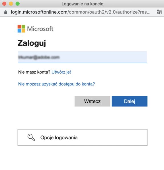 Okno dialogowe logowania do usługi OneDrive