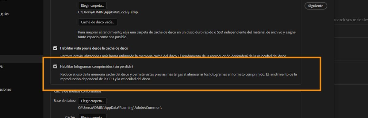 La sección Caché del disco está abierta y la opción Habilitar fotogramas comprimidos (sin pérdida) está sin seleccionar.