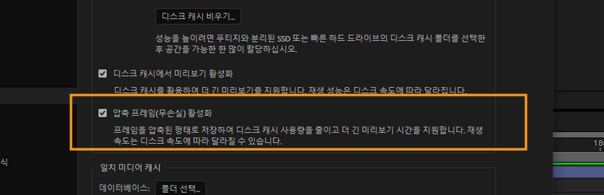 디스크 캐시 섹션이 열려 있고 압축 프레임 활성화(무손실) 옵션의 선택이 해제되어 있습니다.