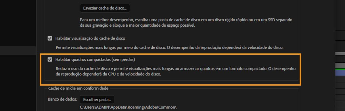A seção “Cache de disco” está aberta, com a opção “Habilitar quadros compactados (sem perda)” desmarcada.
