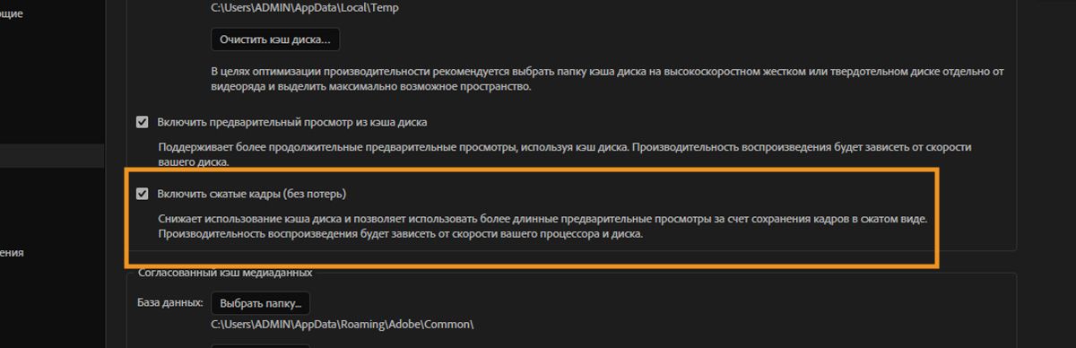 Раздел «Кэш диска» открыт, а флажок для опции «Включить сжатие кадров (без потерь)» не установлен.