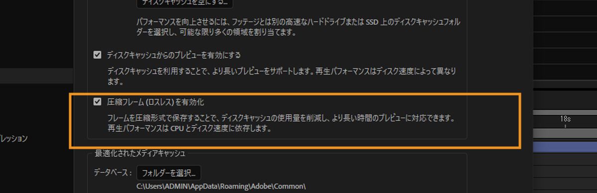 「ディスクキャッシュ」セクションが開き、「圧縮フレーム（ロスレス）を有効にする」オプションがオフになっています。