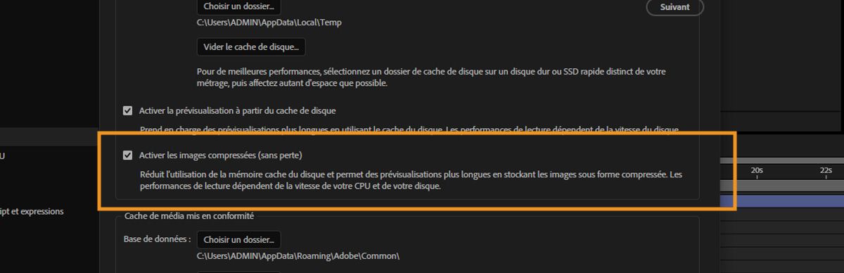 La section Cache du disque est ouverte et l’option Activer les images compressées (sans perte) est décochée.