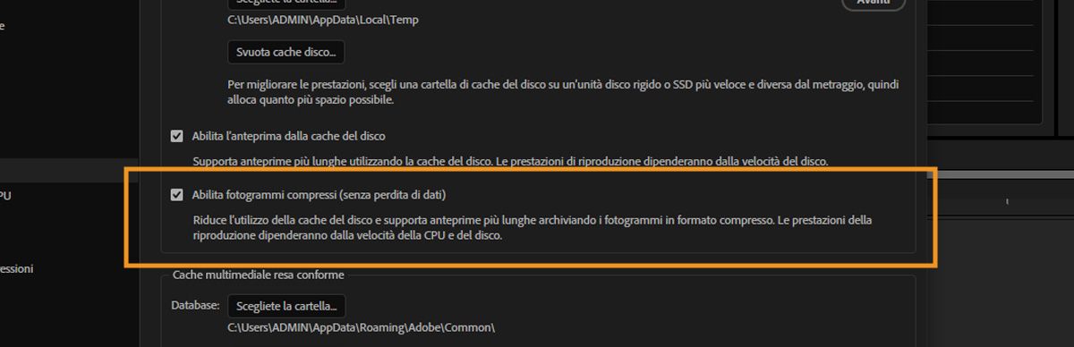 La sezione Cache disco è aperta e l'opzione Abilita fotogrammi compressi (senza perdita) è deselezionata.