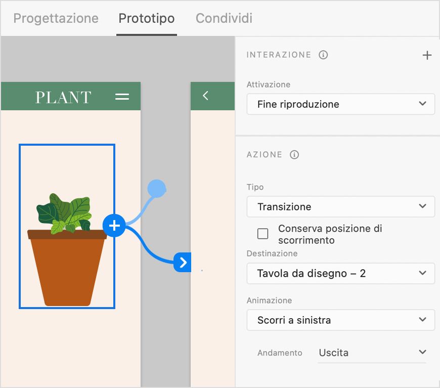 Lottie con un trigger Fine riproduzione che passa a una tavola da disegno