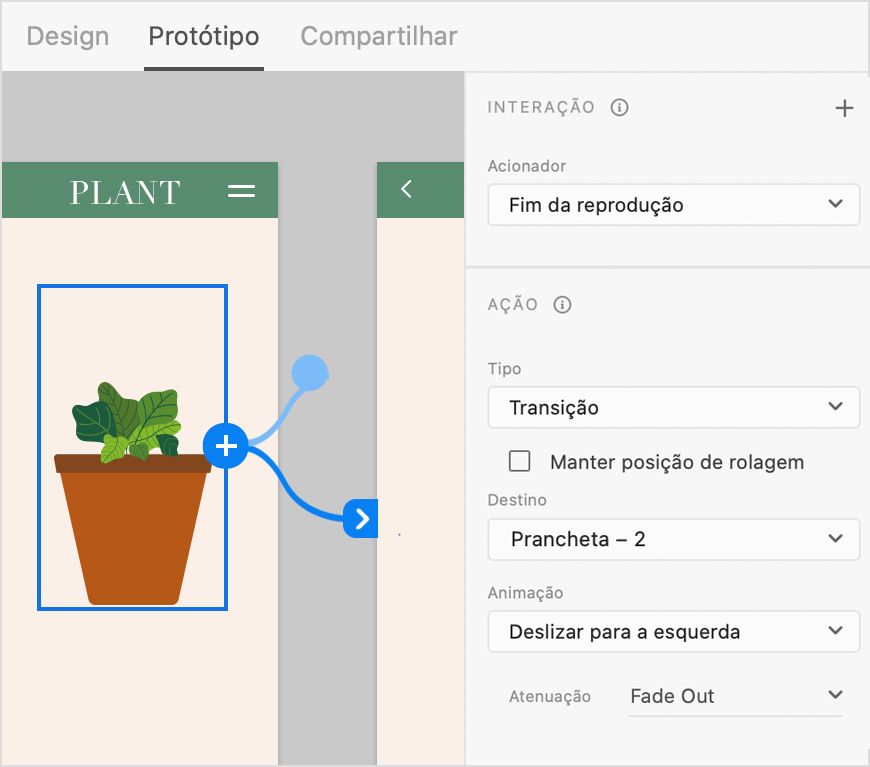 Lottie com um acionador Fim da reprodução que faz a transição para uma prancheta