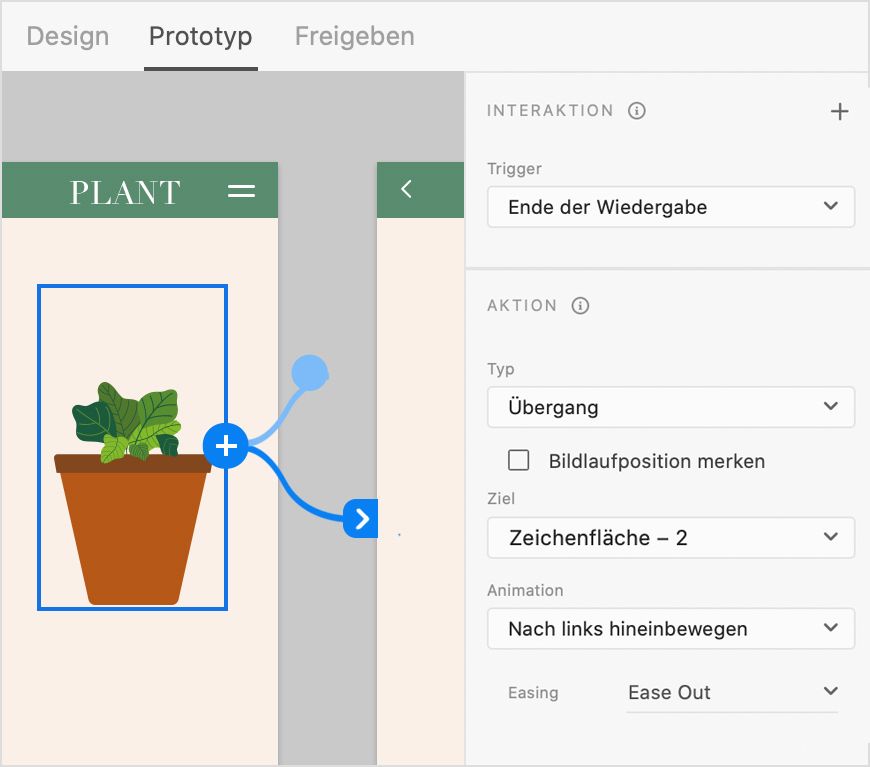 Lottie mit einem Trigger vom Typ „Ende der Wiedergabe”, der den Übergang zur Zeichenfläche auslöst