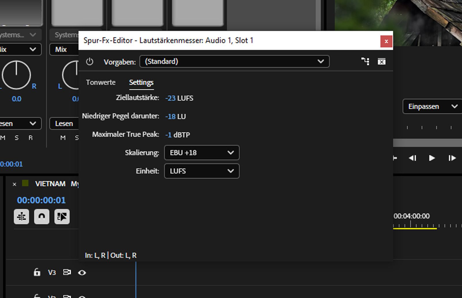 Die Registerkarte „Einstellungen“ im Dialogfeld „Spur-Fx-Editor – Lautstärkemessung“ ist geöffnet und bietet verschiedene Optionen zum Einstellen der Lautstärke.