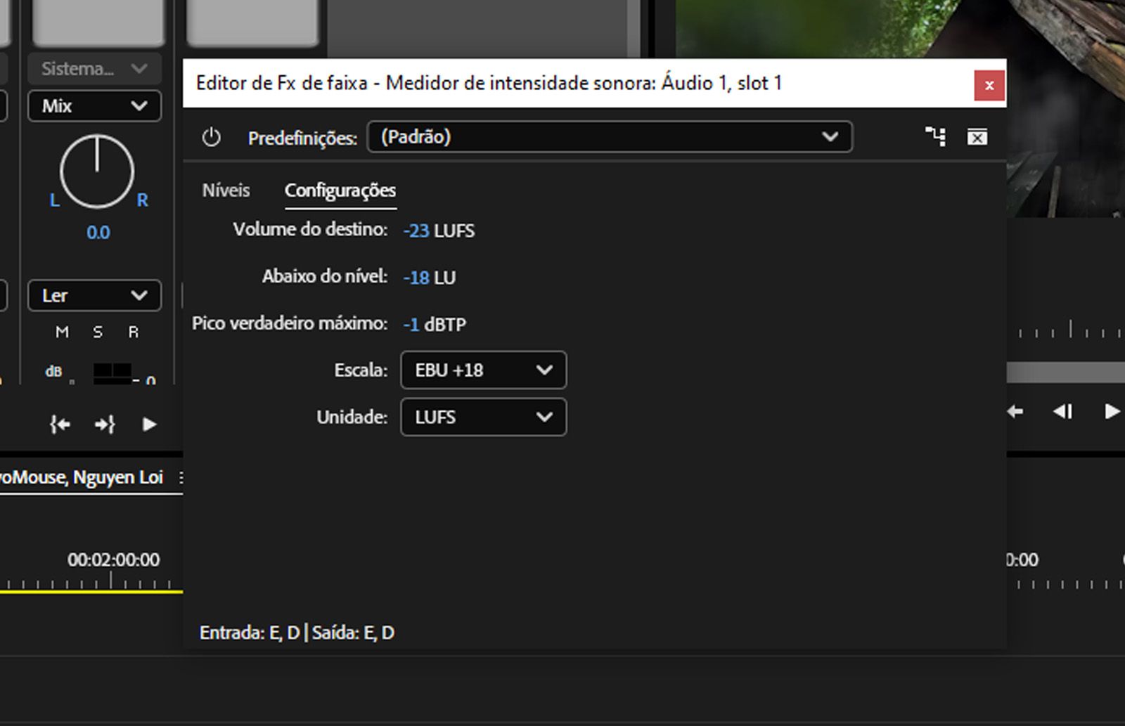 A guia “Configurações” está aberta na caixa de diálogo “Editor de efeitos da faixa - Medidor de volume” e oferece várias opções de configurações do volume.