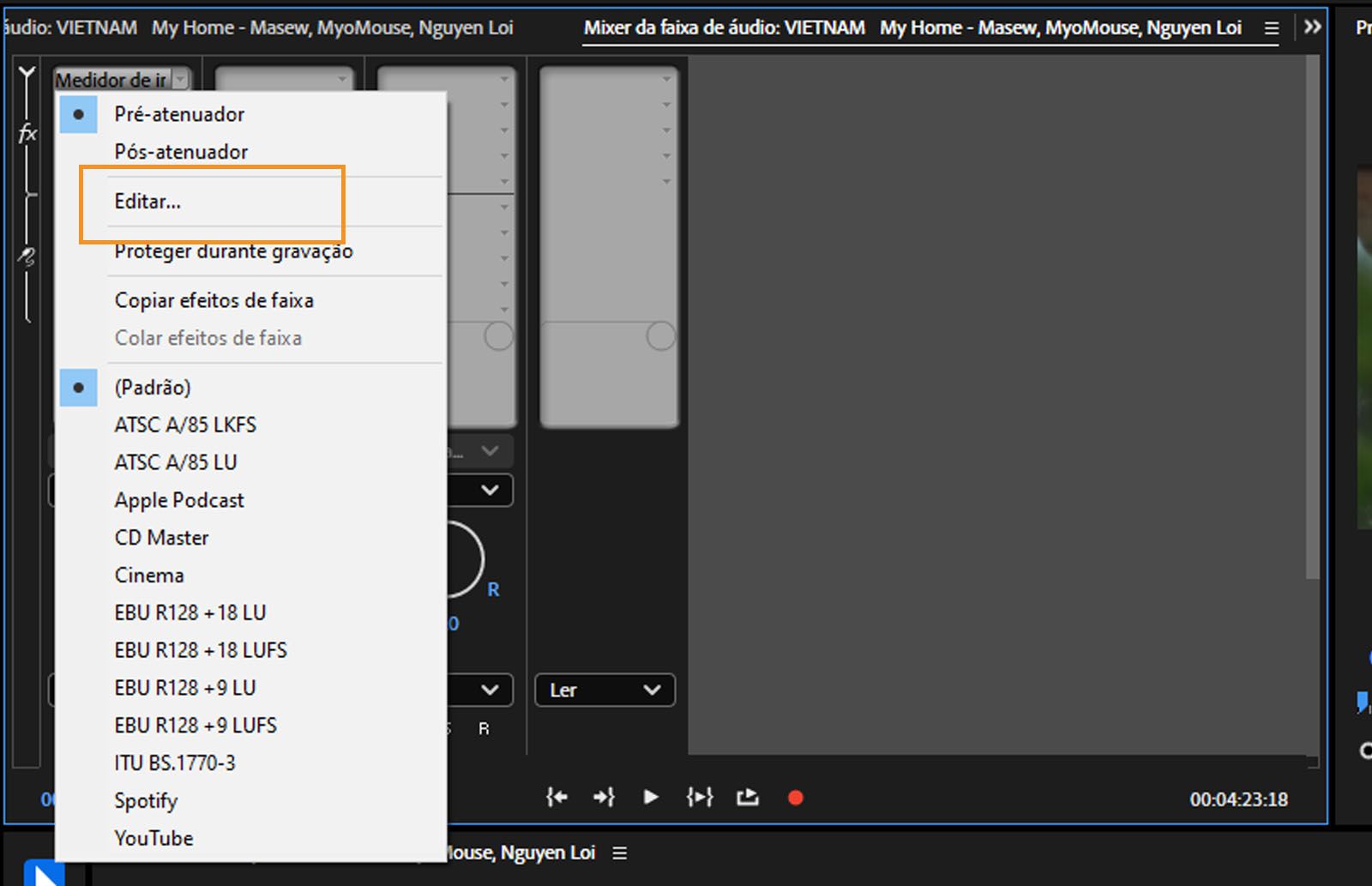 O menu suspenso “Medidor de volume” aberto com a opção de edição selecionada.