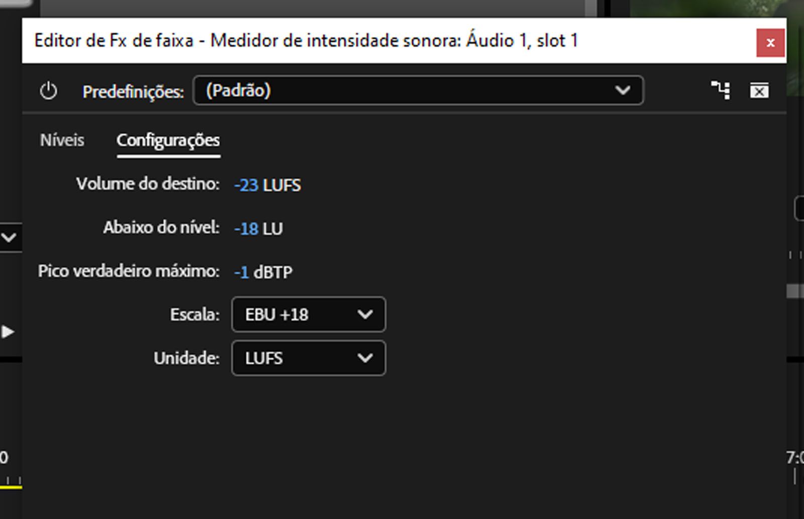 A caixa de diálogo “Medidor de volume” aberta com a guia “Configurações” realçada, mostrando várias opções de configuração do volume. 