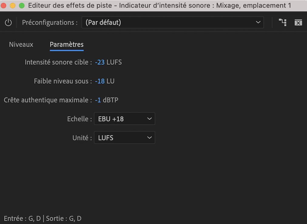 Paramètres du Radar d’intensité sonore