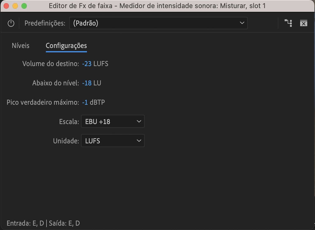 Configurações do medidor de volume
