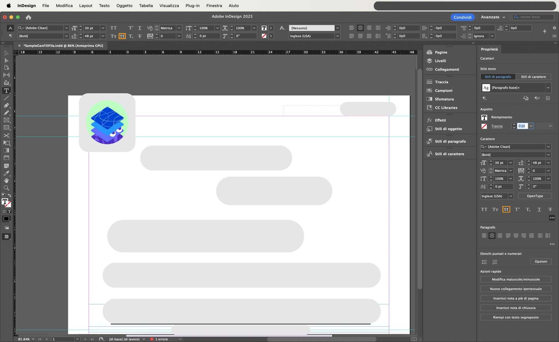 Opzione Minuscolo evidenziata nel pannello Proprietà e controllo
