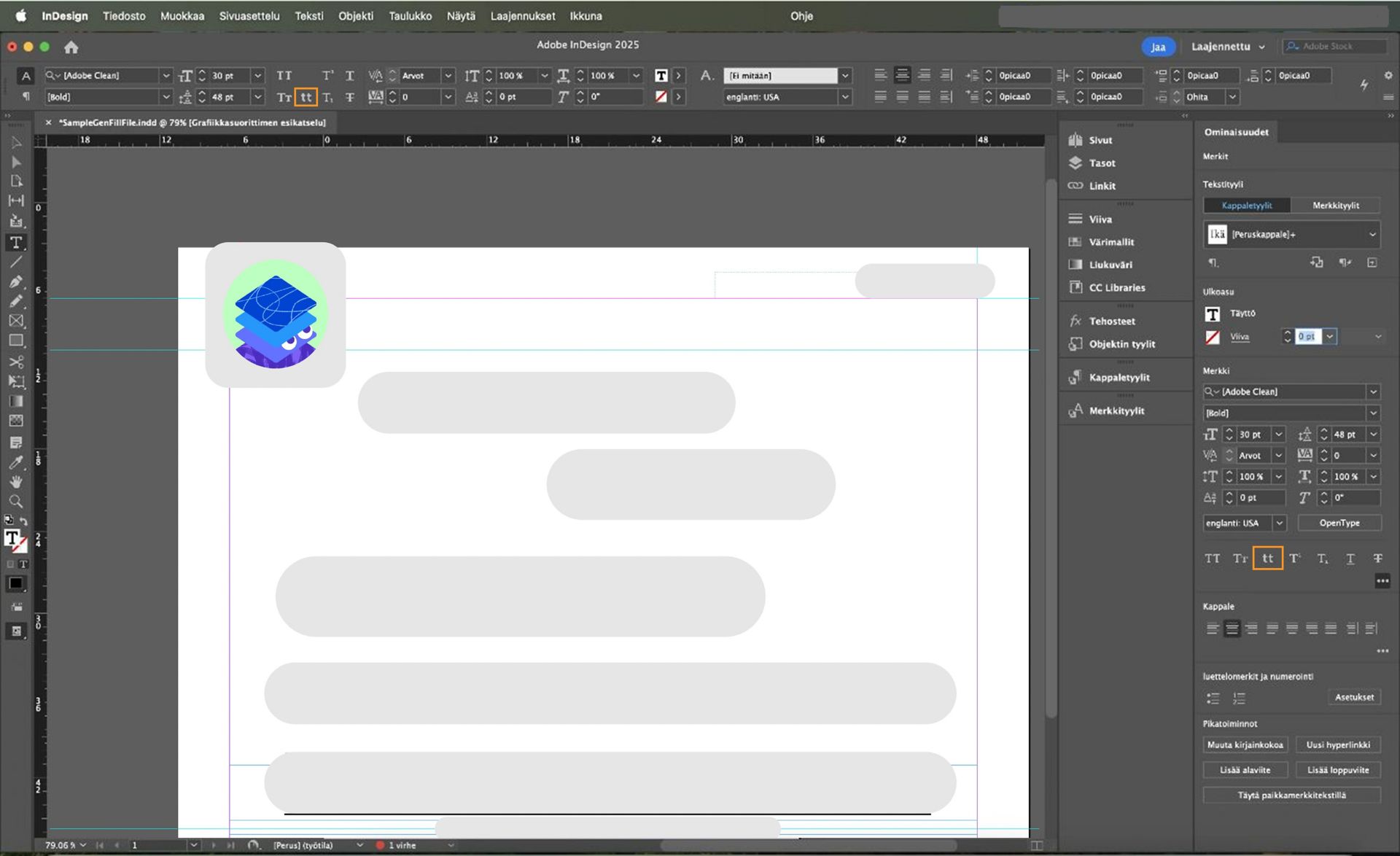 Pienin kirjaimin -asetus korostettuna Ominaisuudet- ja Ohjauspaneelissa