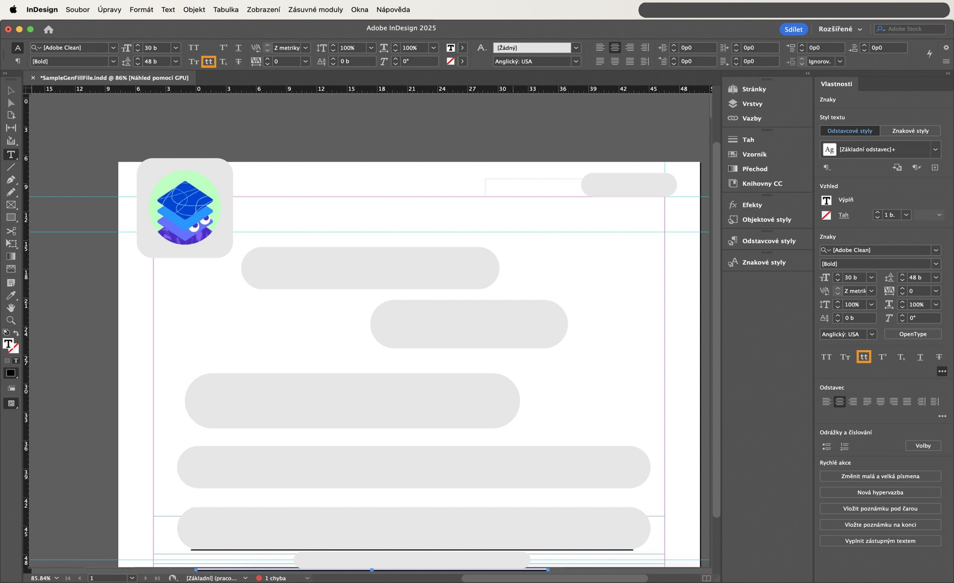 Možnost malých písmen zvýrazněna v panelu Vlastnosti a Ovládací prvky